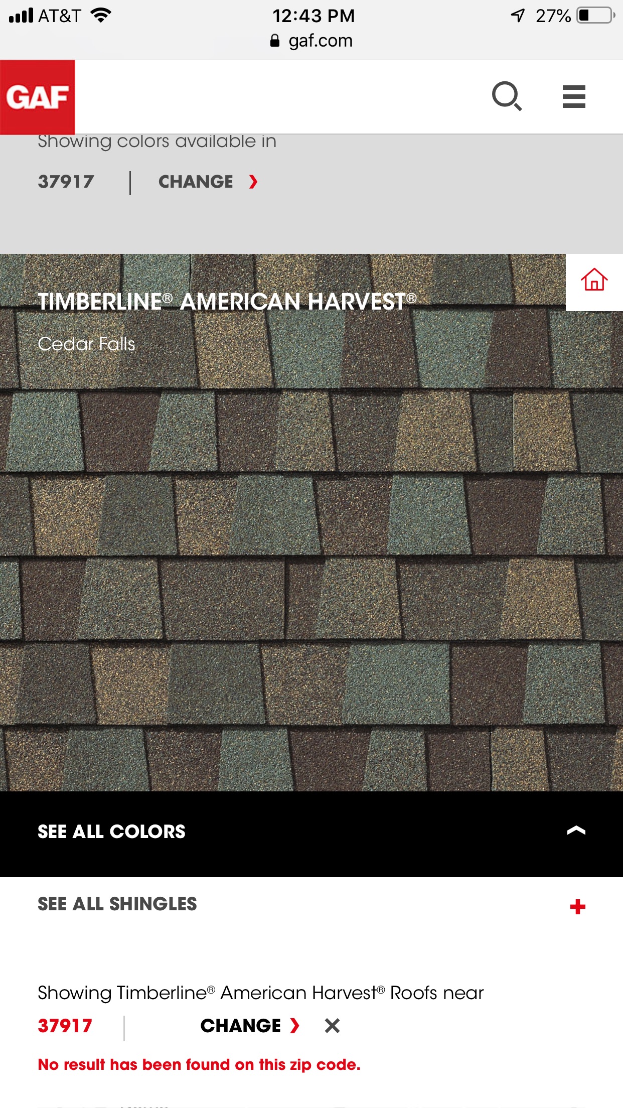 This is a screenshot from the GAF website with the Color American Harvest. 
