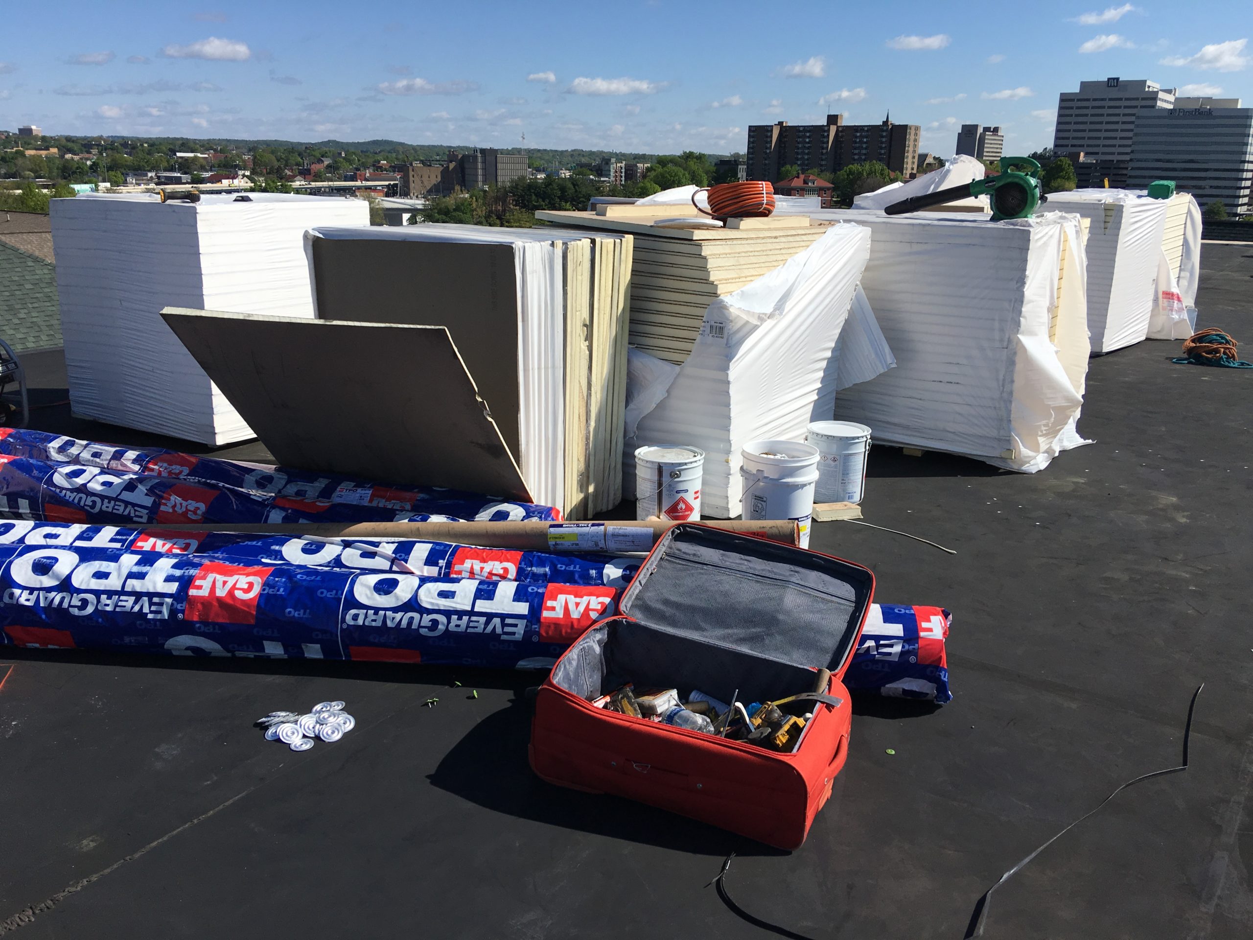 This is a view of the materials loaded on the roof ready for install.