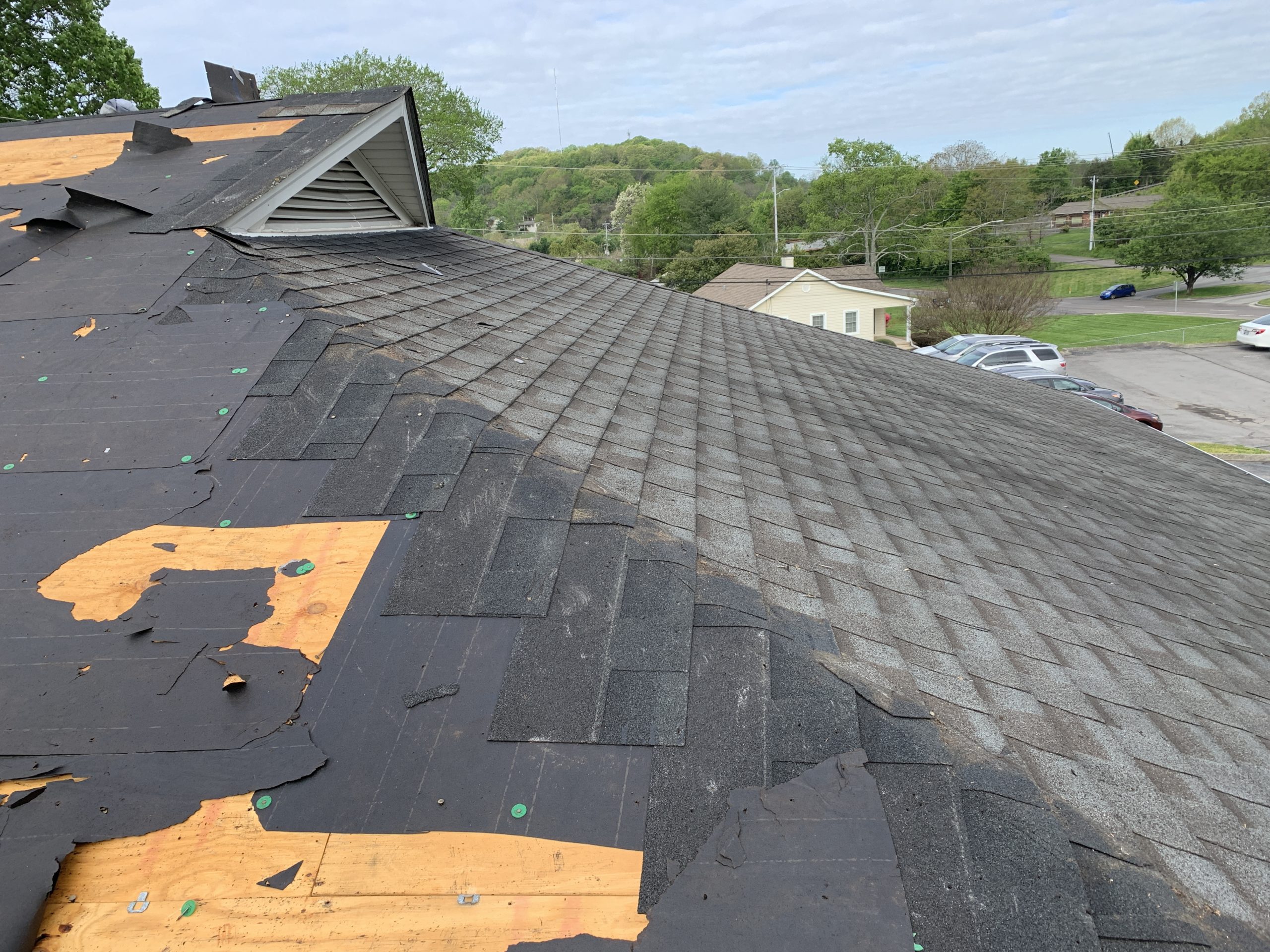 This is a view of the roof with shingles removed on one half. 