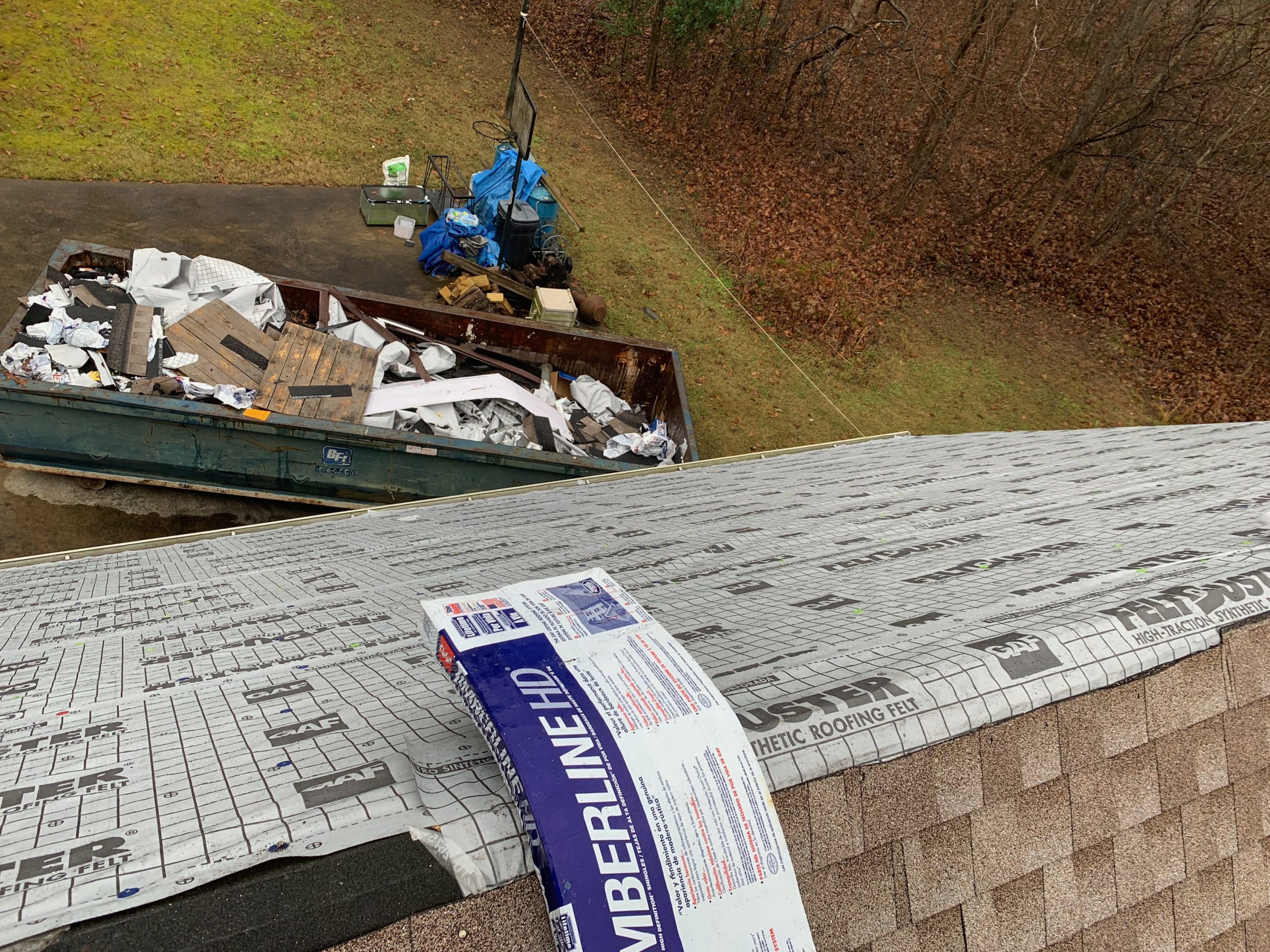 This is a view from the ridge of the roof with GAF Feltbuster installed. 