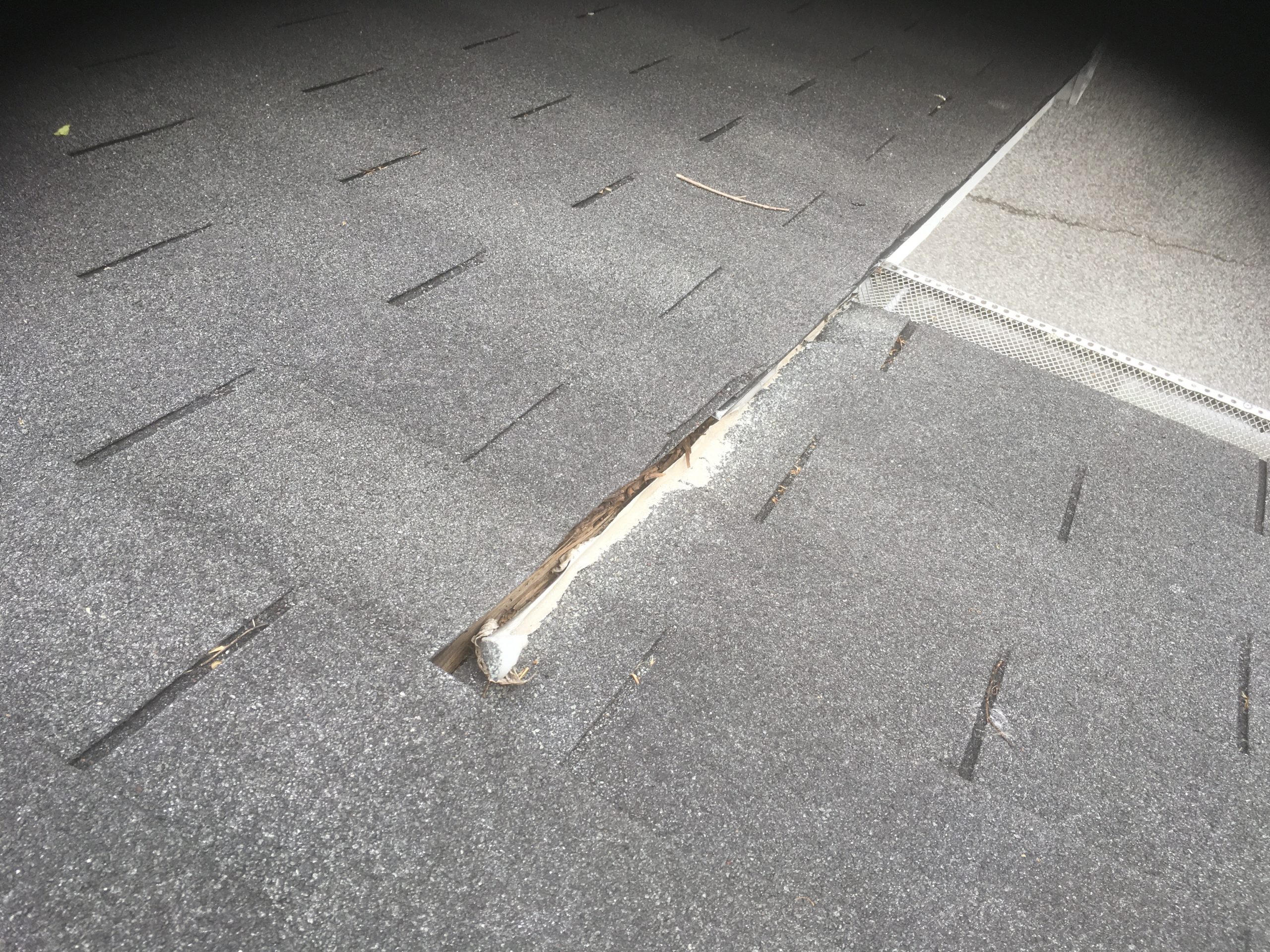 This is a view of roof flashing and gutter guards. 