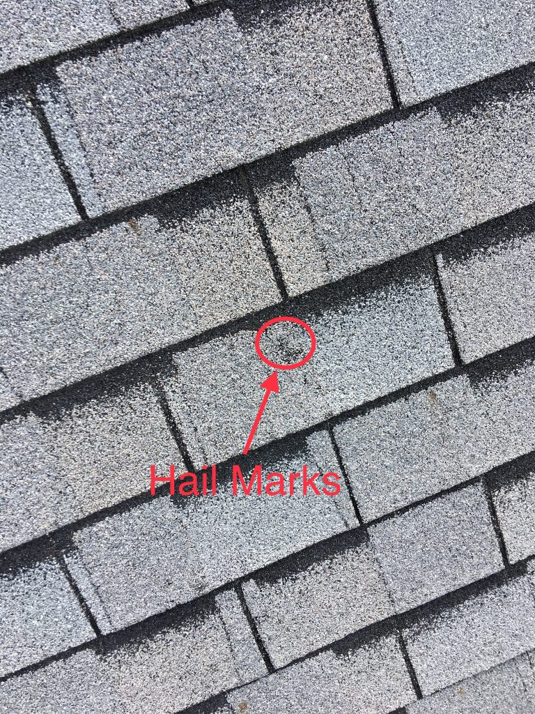 This is a close up view of 3 tab shingles with hail damage. 