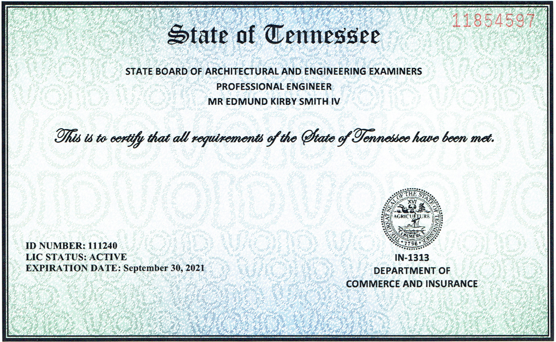 Engineering License State of TN Professional