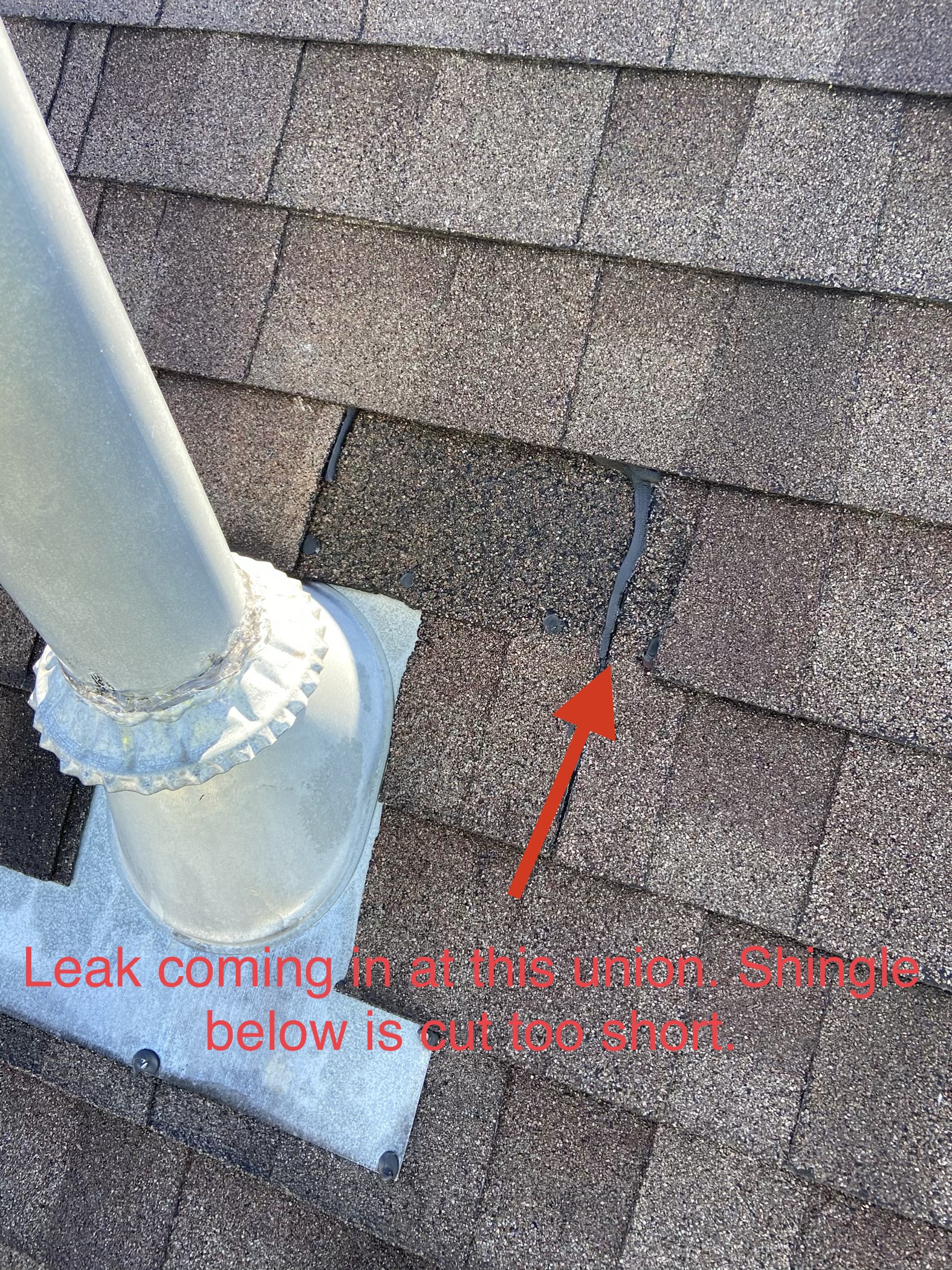 This is a picture of a shingle that is brown in color where a roof leak is occurring