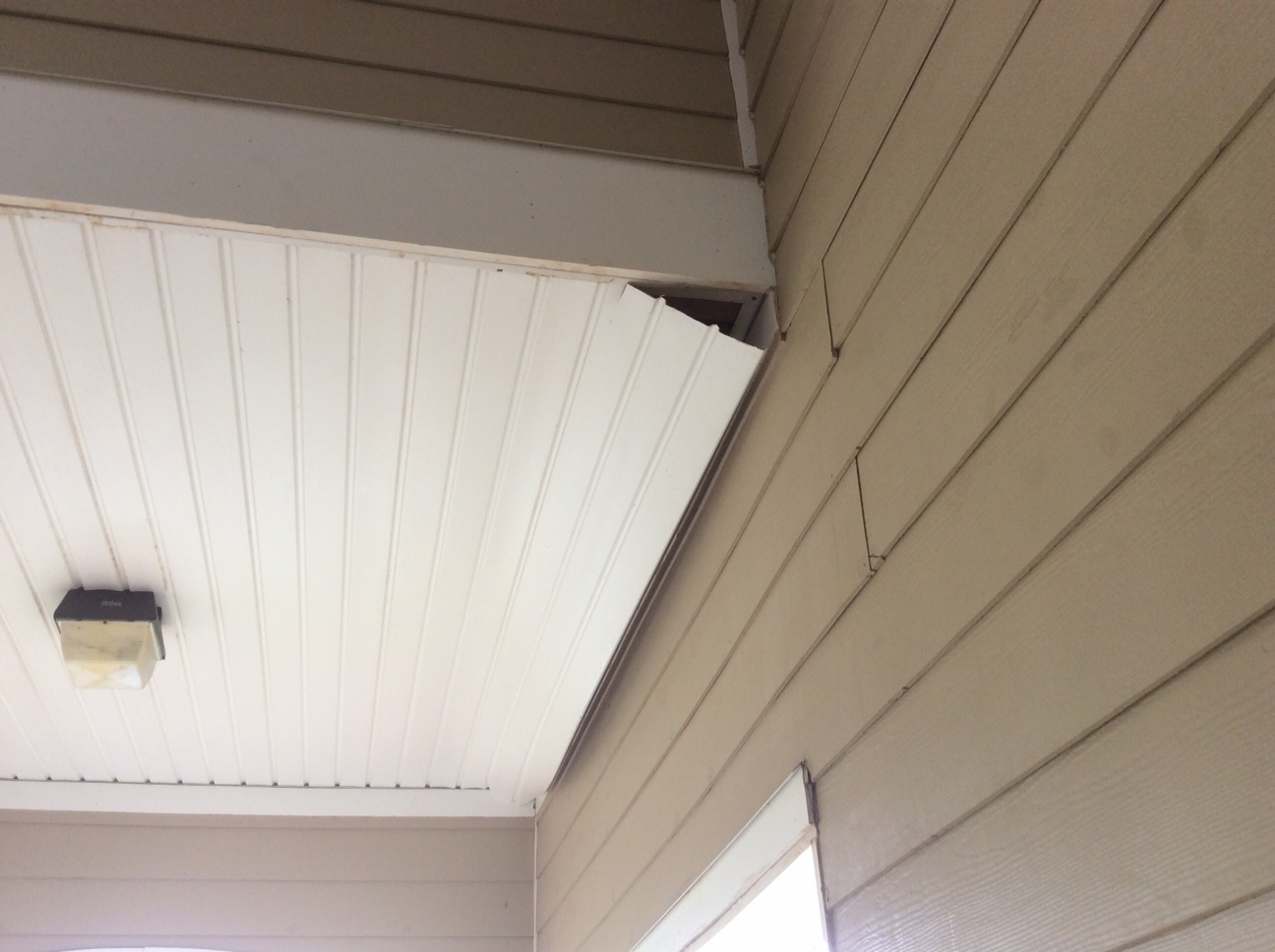 This is white vinyl soffit that needs to be reattached to the ceiling.