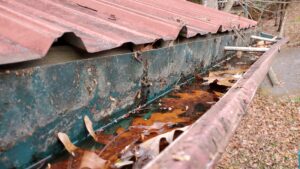 This is a picture of a old gutter thats full of leaves and water because is clogged