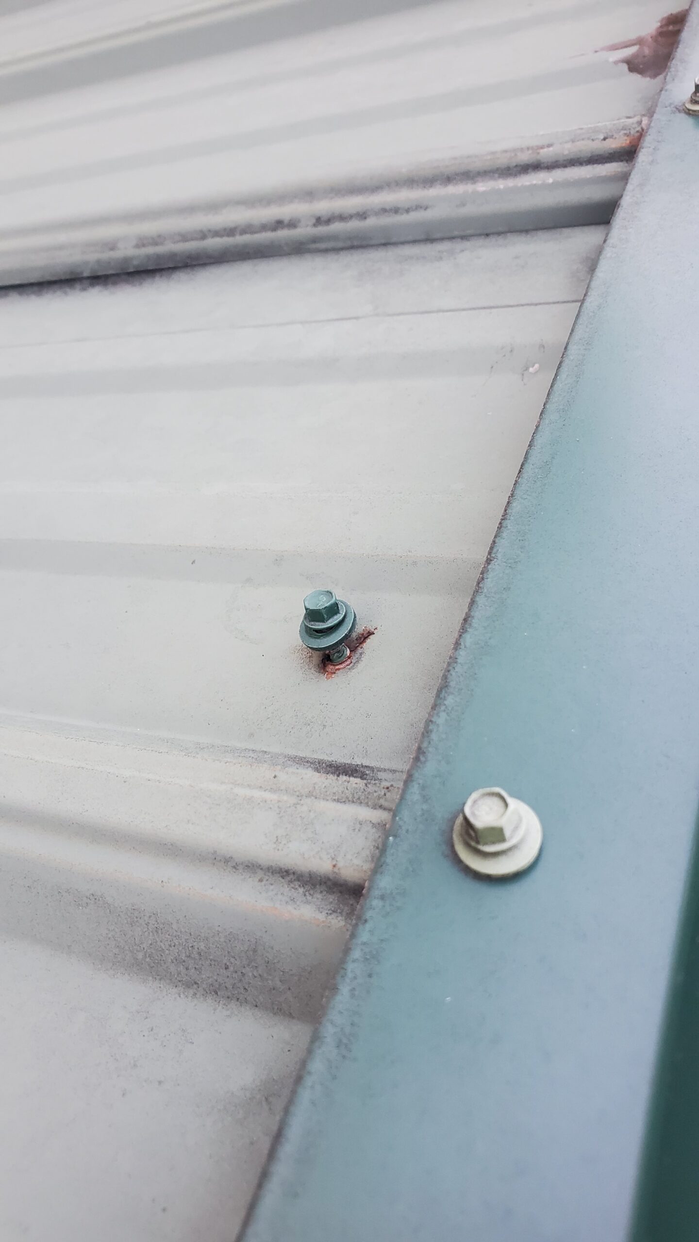This is a picture of a green metal roof with a green screw backing out if it. 