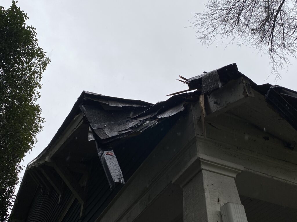 This is a picture of a gray roof that has been damaged by a tree