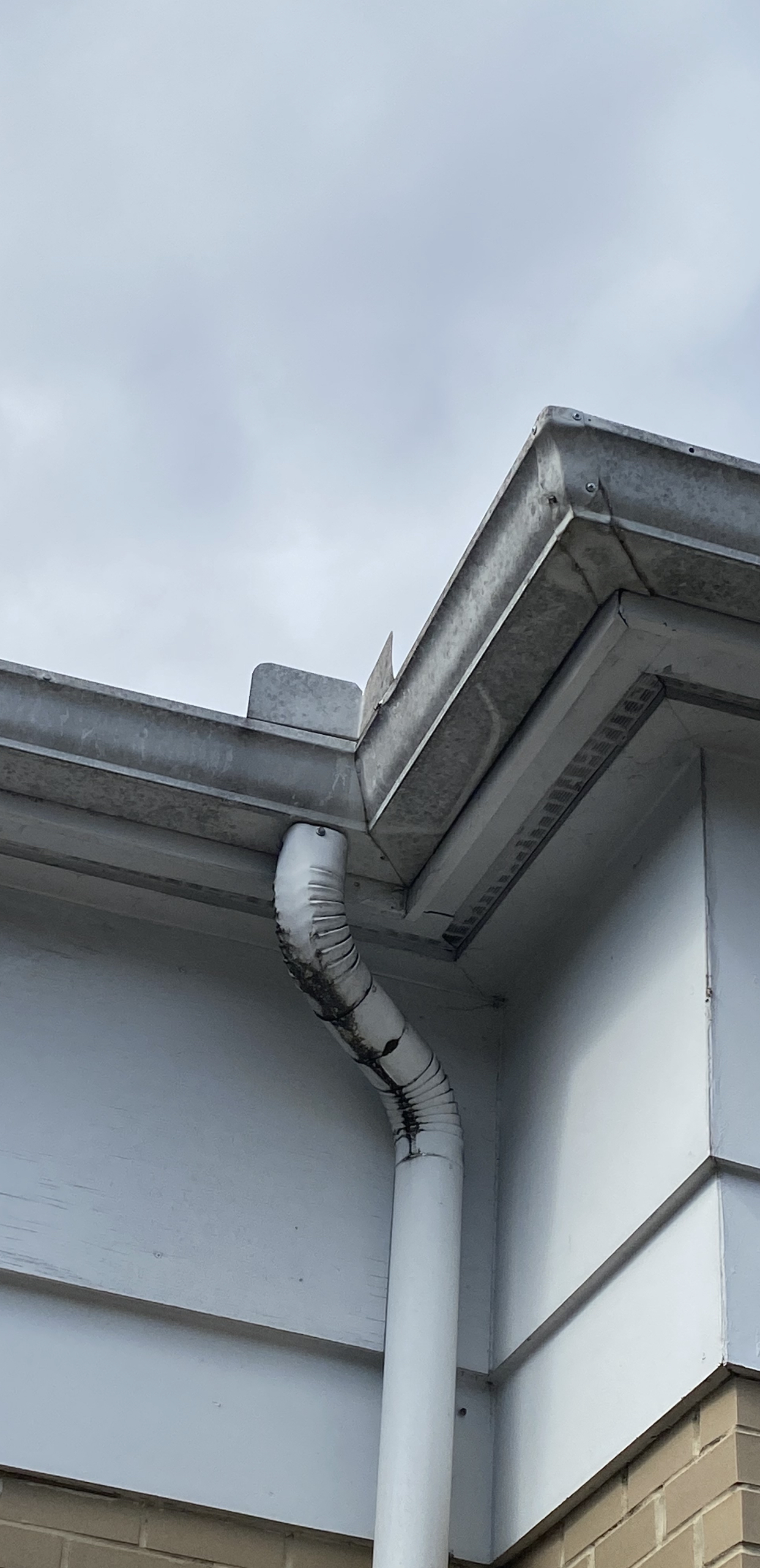 These gutters and facia show signs of leaking and malfunctioning
