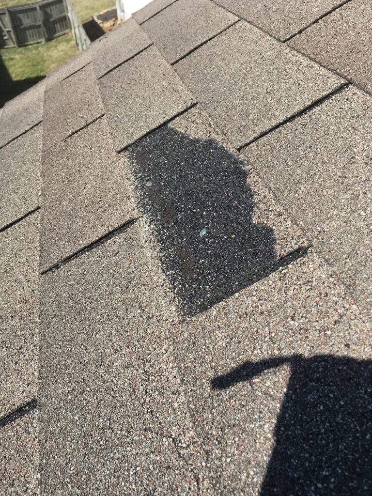 This is a picture of a windblown shingle on a brown colored roof