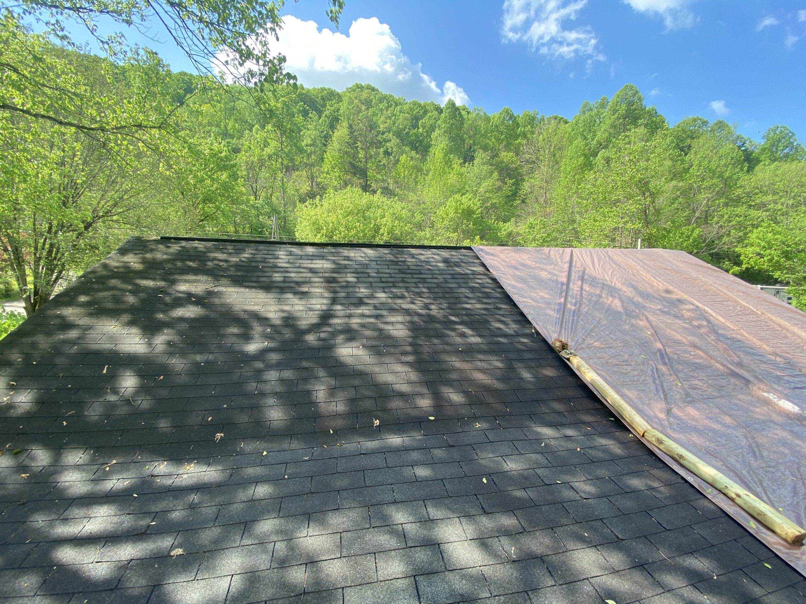 This is a picture of an old three tab roof with a tarp