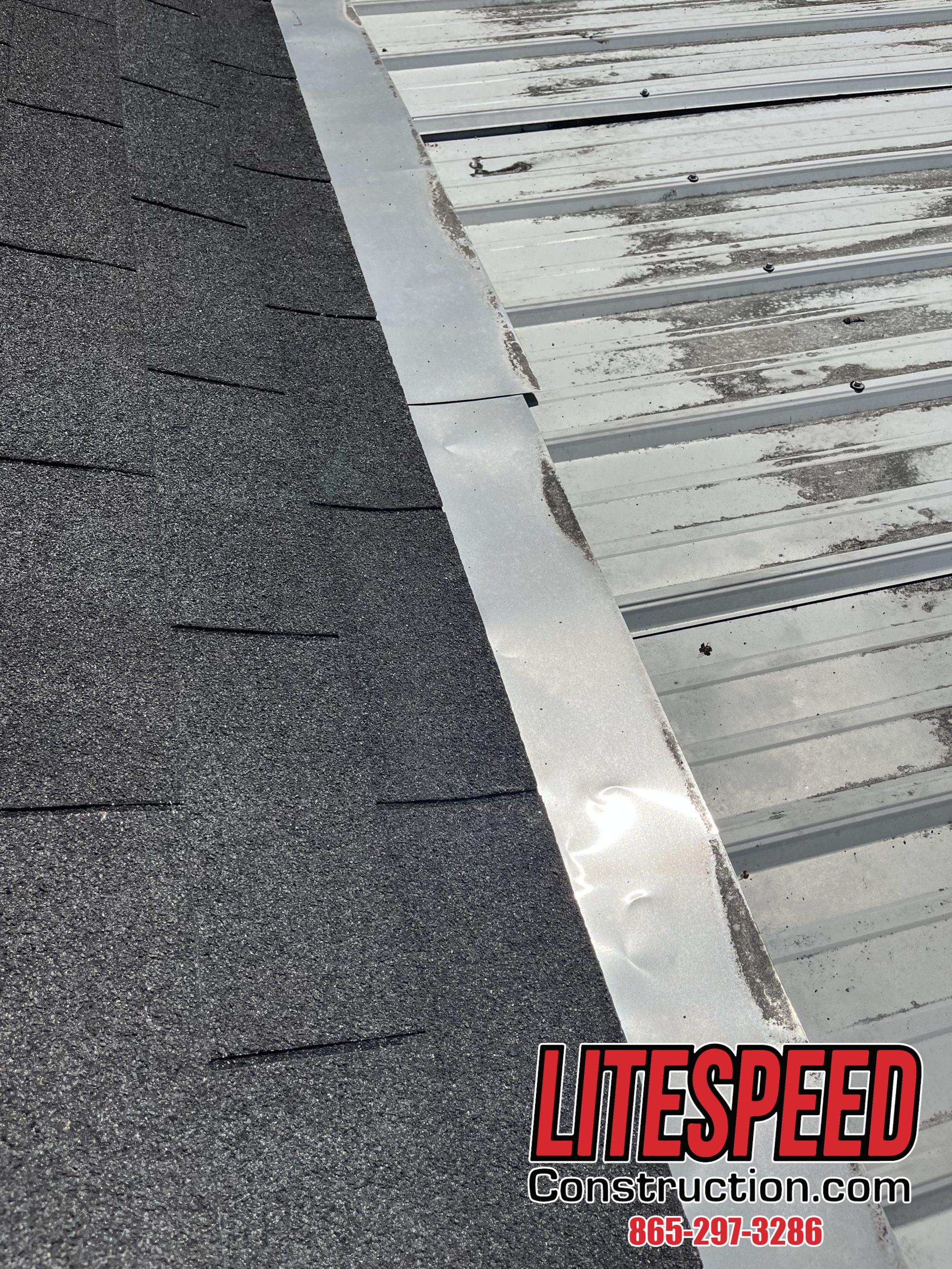 This is a picture of a metal transition from shingle to metal roofing