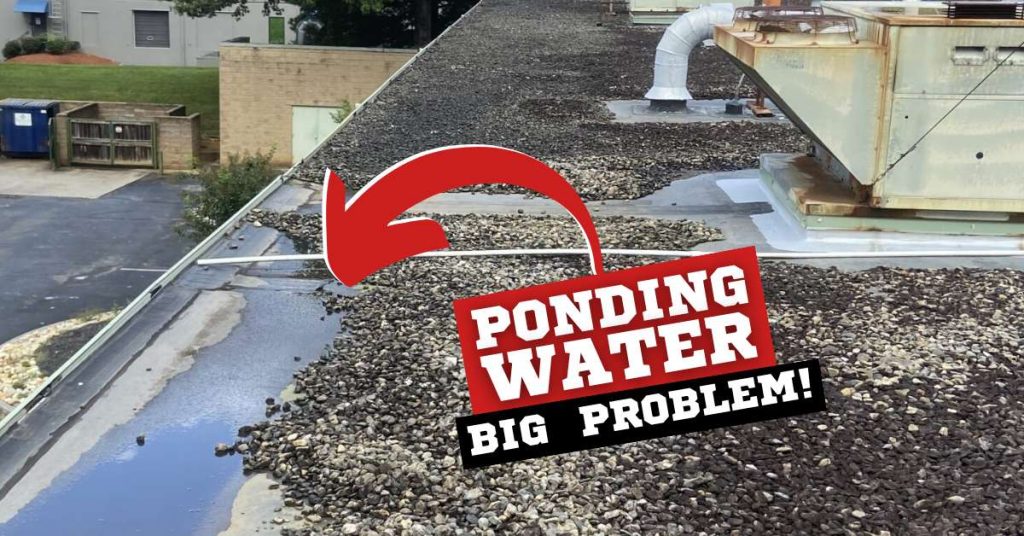 Photo showing ponding water on commercial roof membrane.