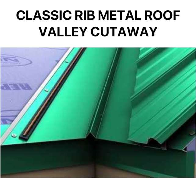 Photograph cutaway of a classic rib metal roof valley.