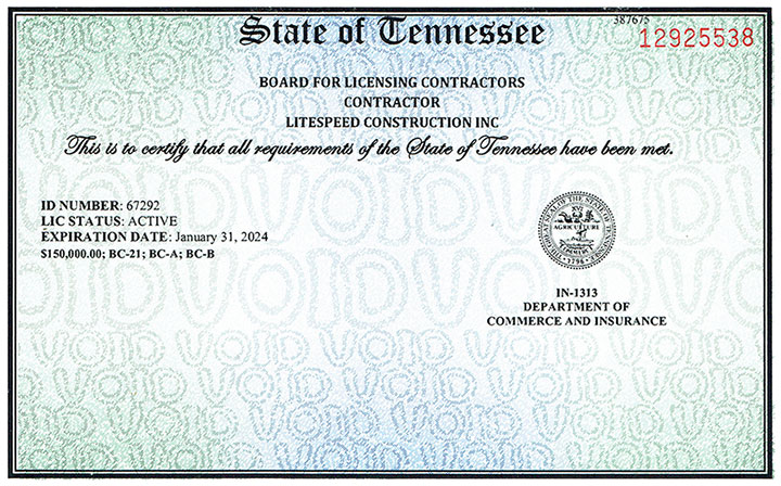 Litespeed Construction's Tennessee Contractor License