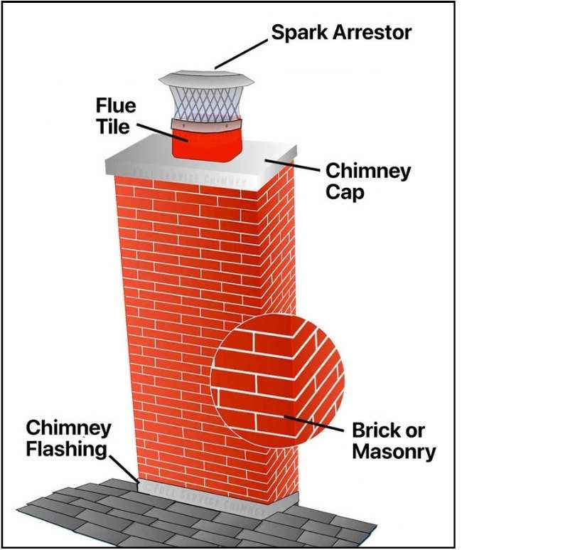 Graphic explaining parts of a chimney and location of chimney cap.