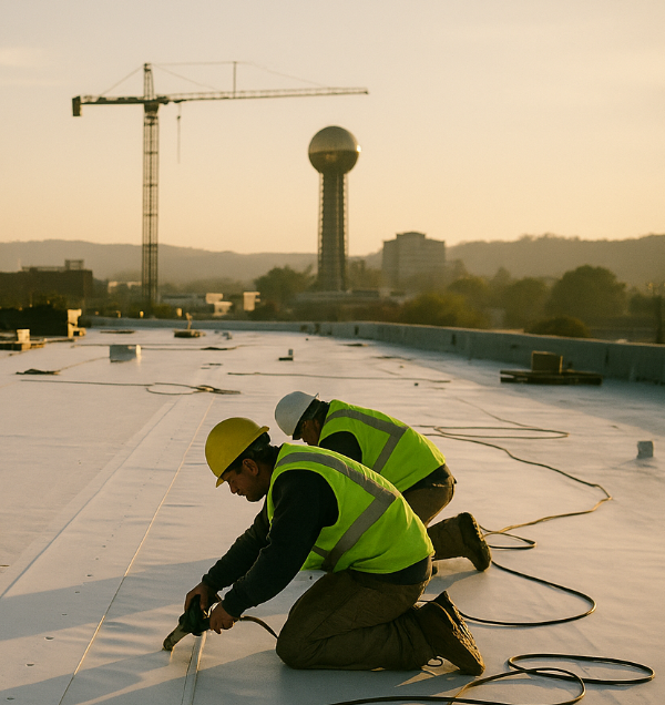 commercial roof installation time, roofing timelines, commercial roofing Knoxville, TPO roofing installation, EPDM commercial roof, Knoxville roofing contractors, flat roof installation time, roof construction delays, commercial building roofing, roof permit Knoxville TN, roofing weather delays, how long commercial roof takes, commercial roof project planning, Litespeed Construction roofing, best Knoxville roofers