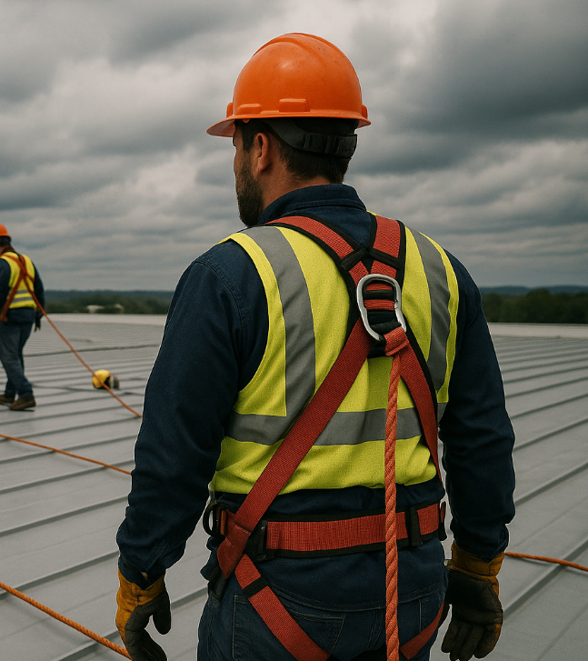 safety equipment is needed for commercial roofing, roofing safety gear, fall protection Knoxville, OSHA roofing rules, commercial roofing TN, roof harness system, lifeline equipment roofing, anchor point roof safety, commercial ladder safety, safety boots roofing, PPE roofing crews, best roof safety gear, Litespeed Construction Knoxville, OSHA TN roofing, roofing injury prevention