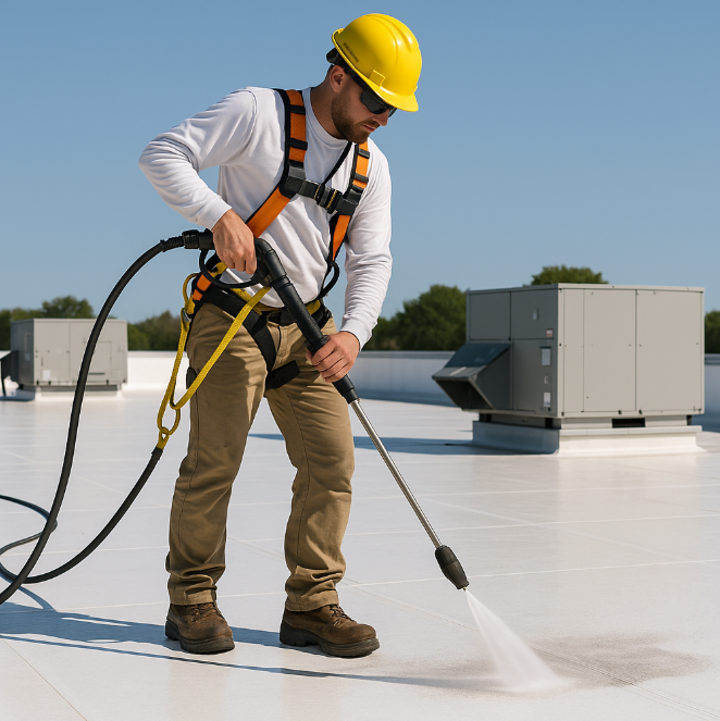 maintain commercial roof, commercial roof cleaning, roof membrane maintenance, roof membrane cleaning, flat roof cleaning tips, TPO roof maintenance, EPDM roof care, commercial roofing Knoxville TN, roof damage prevention, roof inspection checklist, roof pressure washing, best roof maintenance tips, Litespeed Construction Knoxville, roof mold prevention, how to clean flat roofs