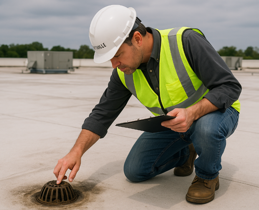 commercial roof drainage inspection, roof drain maintenance checklist, flat roof drainage inspection, commercial roof water pooling, commercial roof drain cleaning, roof drainage slope inspection, commercial building roof drains, roof scupper maintenance, roof gutter inspection, commercial roof maintenance tips, roof drainage compliance OSHA, flat roof drainage best practices, stormwater roof drainage inspection, roof drainage inspection Knoxville, roof drainage inspection cost
