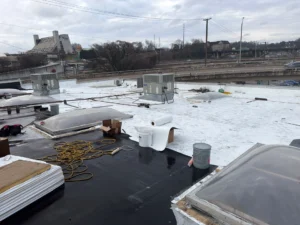 commercial roof leak repair Knoxville, EPDM membrane roof repair, TPO roof over EPDM, flat roof skylight repair Knoxville, commercial skylight leak repair, commercial scupper drain repair, wet insulation commercial roof, ISO insulation board replacement, commercial roof core samples, membrane roof cracks repair, commercial roof water intrusion, low slope roofing Knoxville TN