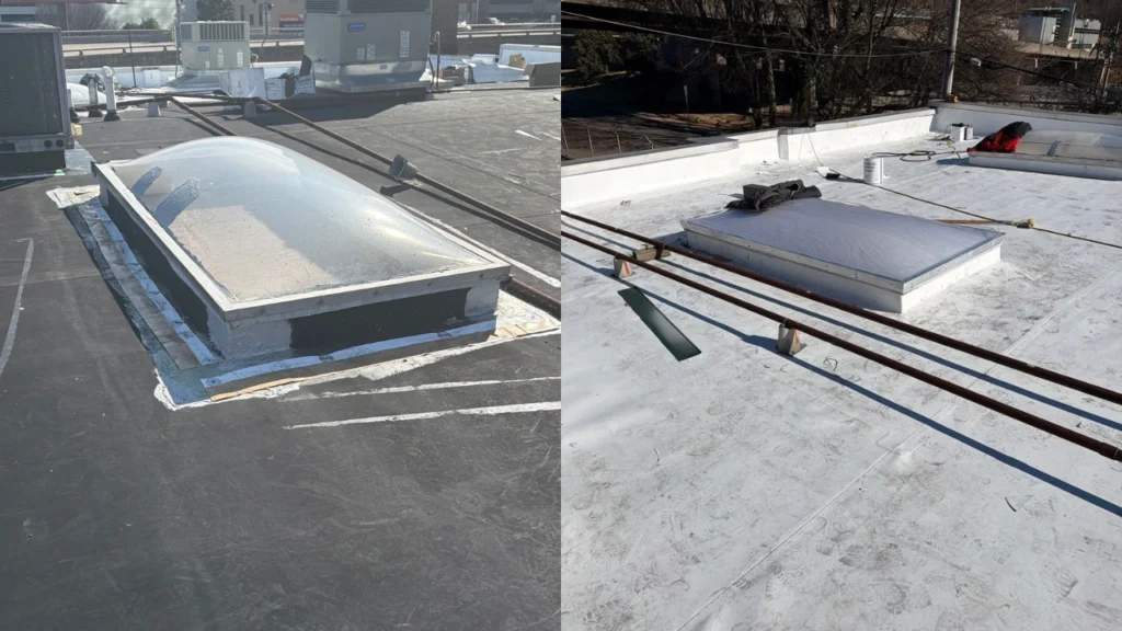 commercial roof leak repair Knoxville, EPDM membrane roof repair, TPO roof over EPDM, flat roof skylight repair Knoxville, commercial skylight leak repair, commercial scupper drain repair, wet insulation commercial roof, ISO insulation board replacement, commercial roof core samples, membrane roof cracks repair, commercial roof water intrusion, low slope roofing Knoxville TN