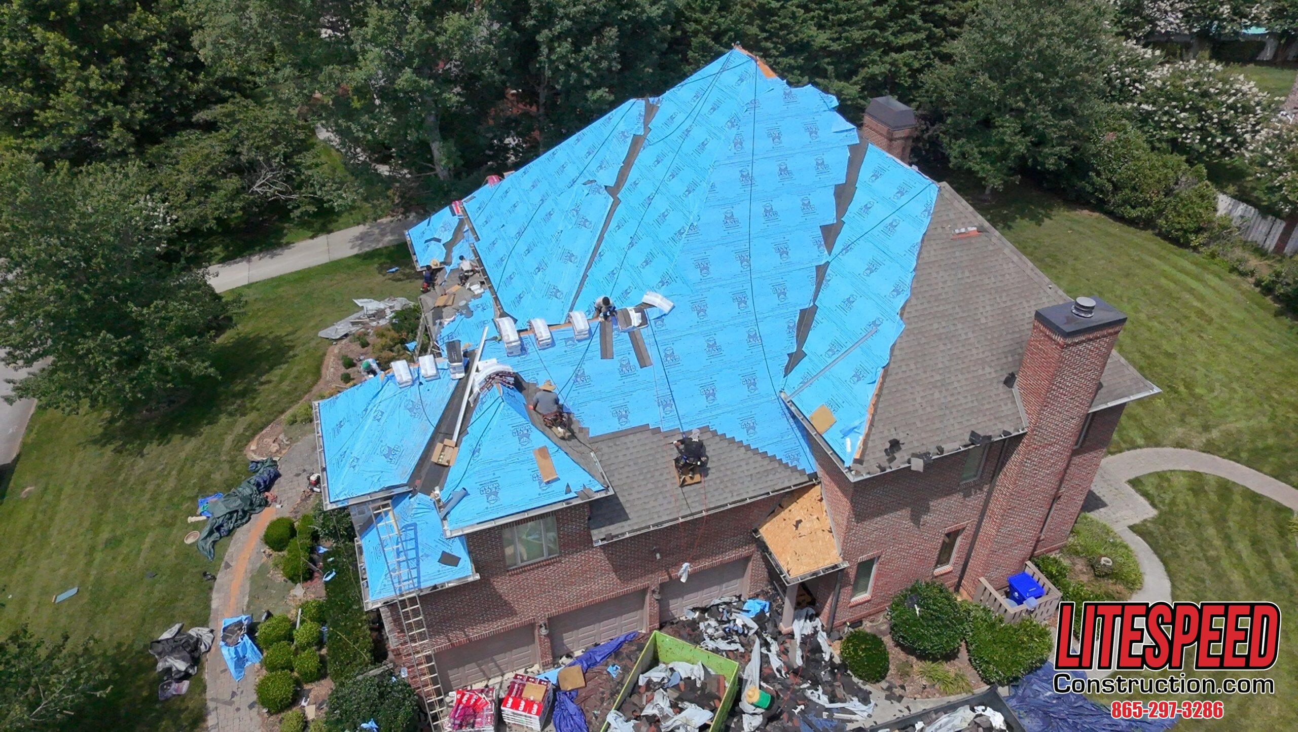 Residential roof replacement in Knoxville TN 37922 in progress.