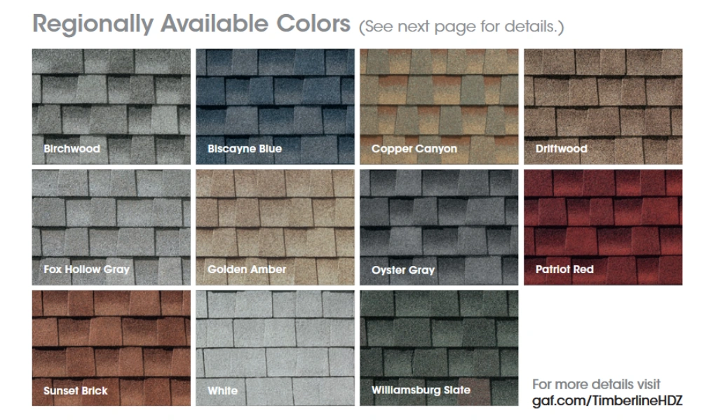 GAF Timberline HDZ colors, GAF shingle colors, GAF Timberline regional colors, GAF Timberline HDZ Fox Hollow Gray, Fox Hollow Gray shingles, GAF Birchwood shingles, GAF Biscayne Blue shingles, GAF Copper Canyon shingles, GAF Driftwood shingles, GAF Golden Amber shingles, GAF Oyster Gray shingles, GAF Patriot Red shingles, GAF Sunset Brick shingles, GAF White shingles, GAF Williamsburg Slate shingles, architectural shingle colors, asphalt shingle color options, residential roofing shingle colors, GAF roofing shingles Knoxville TN, GAF Timberline HDZ Knoxville TN, Fox Hollow Gray roof Knoxville TN, roof replacement Knoxville TN, residential roofing Knoxville TN, GAF roofing color chart, GAF Timberline color options