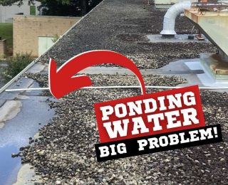 Photo showing ponding water on commercial roof membrane.