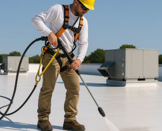 maintain commercial roof, commercial roof cleaning, roof membrane maintenance, roof membrane cleaning, flat roof cleaning tips, TPO roof maintenance, EPDM roof care, commercial roofing Knoxville TN, roof damage prevention, roof inspection checklist, roof pressure washing, best roof maintenance tips, Litespeed Construction Knoxville, roof mold prevention, how to clean flat roofs
