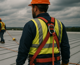 safety equipment is needed for commercial roofing, roofing safety gear, fall protection Knoxville, OSHA roofing rules, commercial roofing TN, roof harness system, lifeline equipment roofing, anchor point roof safety, commercial ladder safety, safety boots roofing, PPE roofing crews, best roof safety gear, Litespeed Construction Knoxville, OSHA TN roofing, roofing injury prevention